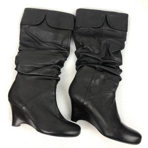 MidCalf Leather Scrunch Boots Wedge Heel Brown New